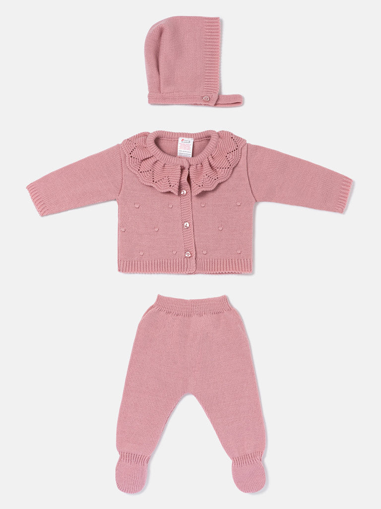 Baby Girl 3-Piece Frilly Knitted Gift Box Set - Dusty Pink