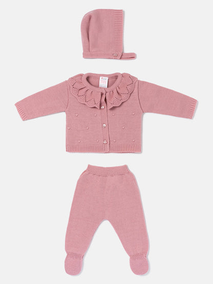Baby Girl 3-Piece Frilly Knitted Gift Box Set - Dusty Pink