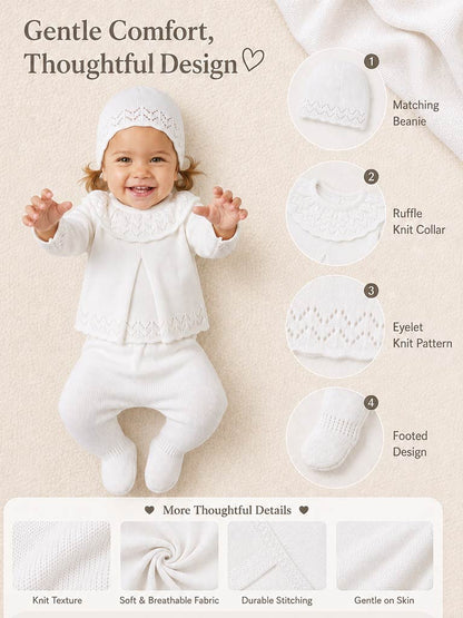 Baby Girl Fine Knit Pleated Front 3-Piece Gift Box Set - Ivory