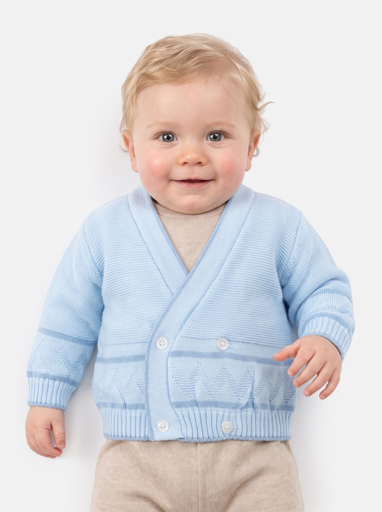 Baby Knitted Cardigan with Zigzag Pattern Detail & Gift Box - Baby Blue & Dark Blue