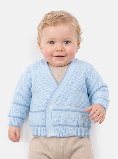 Baby Knitted Cardigan with Zigzag Pattern Detail & Gift Box - Baby Blue & Dark Blue
