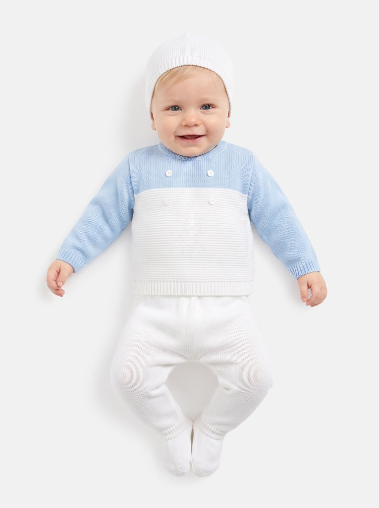 Baby Boy Round Neck Two-Tone Knitted 3-piece Gift Box Set - White & Baby Blue