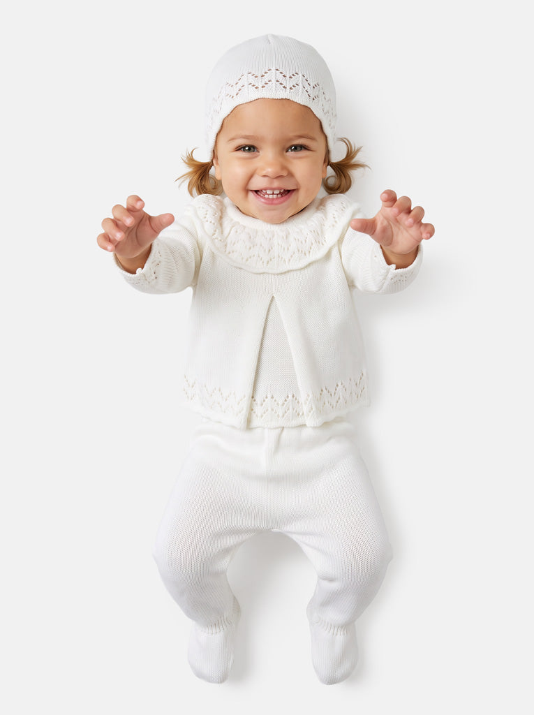 Baby Girl Fine Knit Pleated Front 3-Piece Gift Box Set - Ivory
