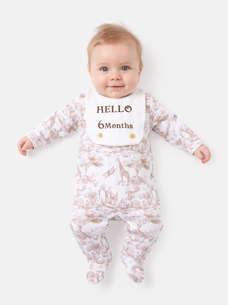 "Hello 1,3,6,12 Months" Embroidered Baby Grow with Attached Small Bib - Safari Collection - Beige