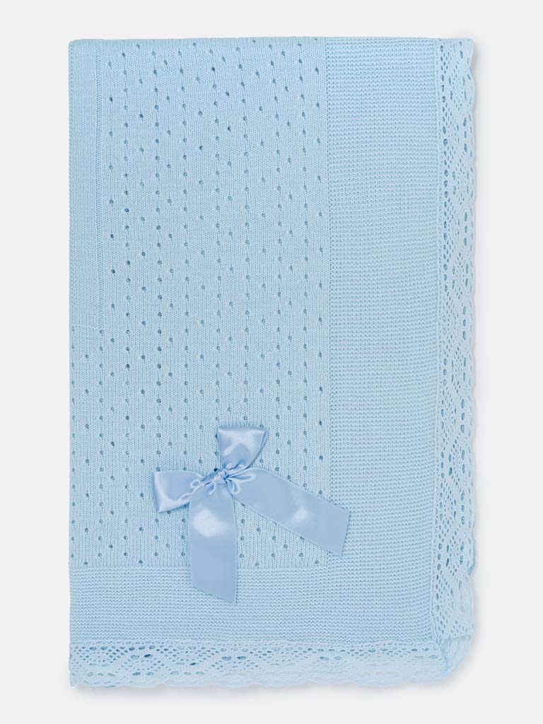 Baby Open Dot Knitted Spanish Blanket with Bow - Baby Blue