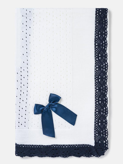 Baby Open Dot Knitted Spanish Blanket with Bow - White & Dark Navy