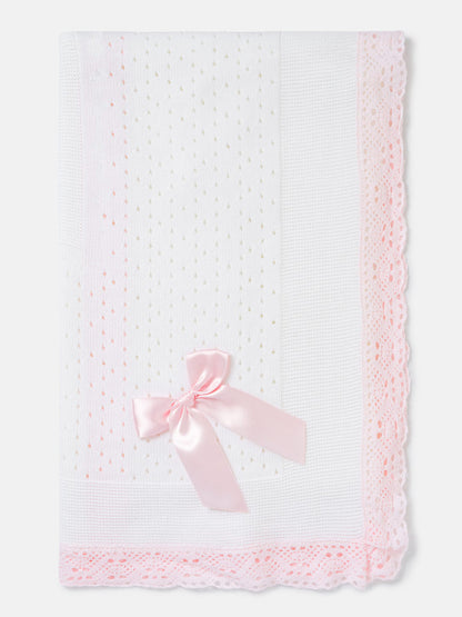 Baby Open Dot Knitted Spanish Blanket with Bow - White & Baby Pink