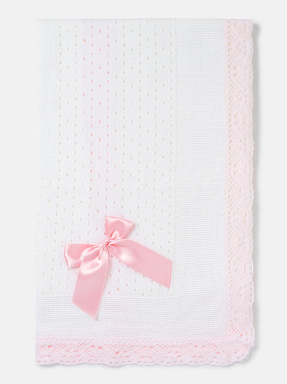 Baby Open Dot Knitted Spanish Blanket with Bow - White & Blush Pink