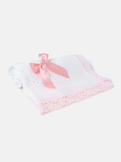 Baby Open Dot Knitted Spanish Blanket with Bow - White & Blush Pink