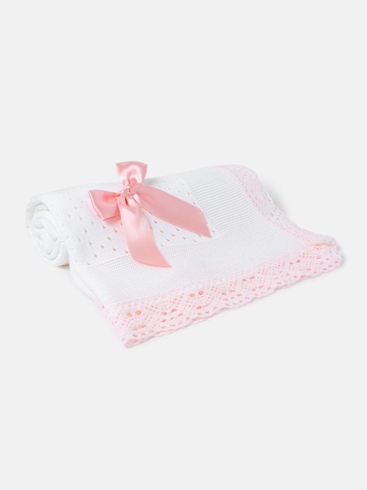 Baby Open Dot Knitted Spanish Blanket with Bow - White & Blush Pink