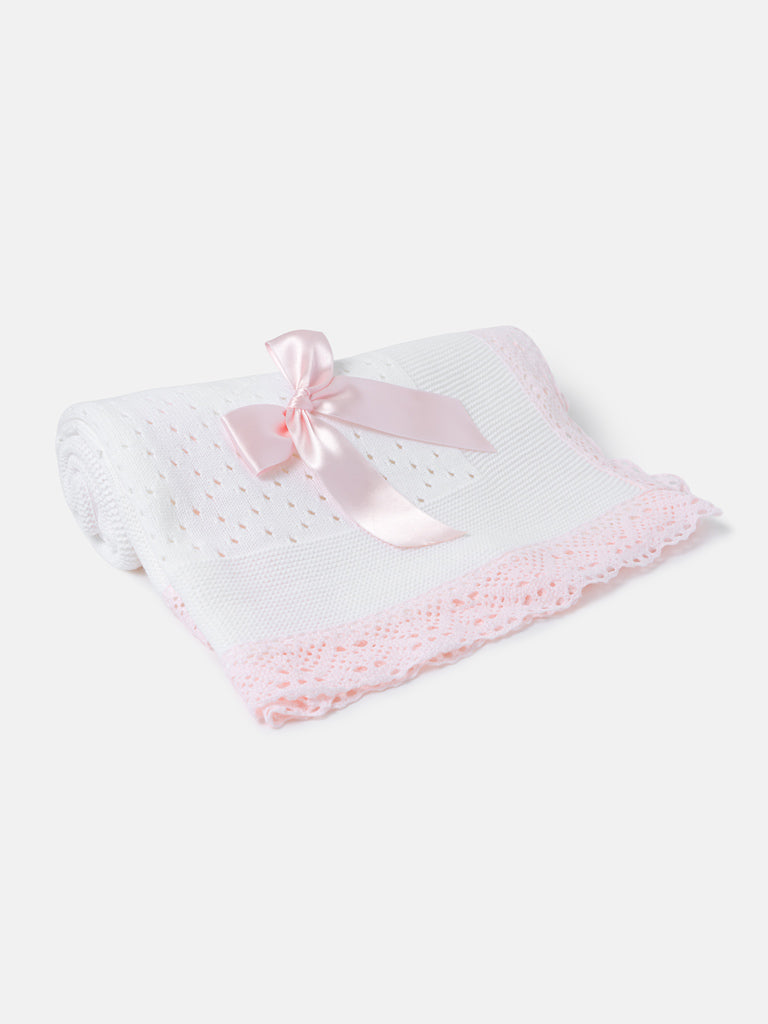 Baby Open Dot Knitted Spanish Blanket with Bow - White & Baby Pink