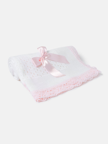Baby Open Dot Knitted Spanish Blanket with Bow - White & Baby Pink