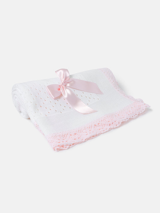 Baby Open Dot Knitted Spanish Blanket with Bow - White & Baby Pink