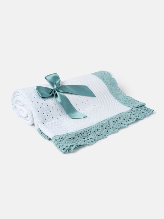 Baby Open Dot Knitted Spanish Blanket with Bow - White & Aqua Green