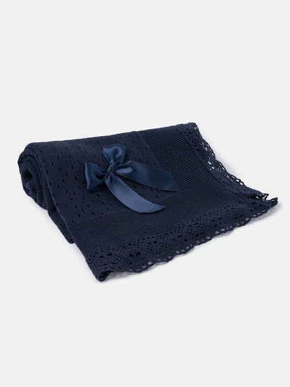 Baby Open Dot Knitted Spanish Blanket with Bow - Dark Navy