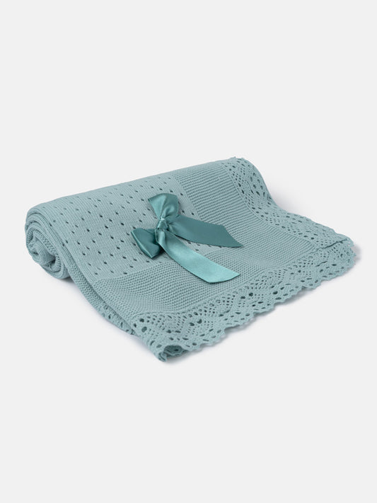 Baby Open Dot Knitted Spanish Blanket with Bow - Aqua Green