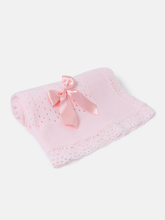 Baby Open Dot Knitted Spanish Blanket with Bow - Baby Pink & Blush Pink Bow