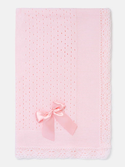 Baby Open Dot Knitted Spanish Blanket with Bow - Baby Pink & Blush Pink Bow