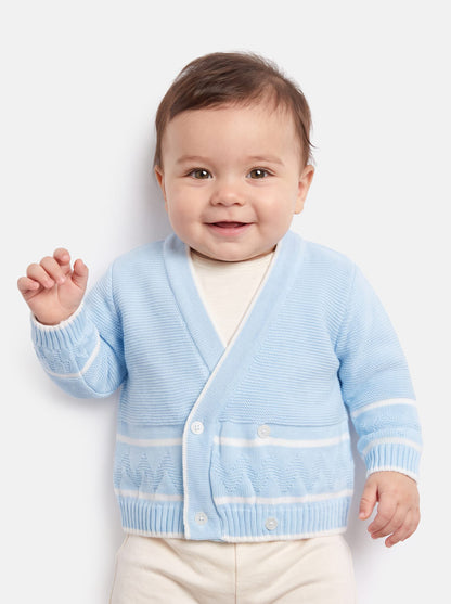 Baby Knitted Cardigan with Zigzag Pattern Detail & Gift Box - Baby Blue & White