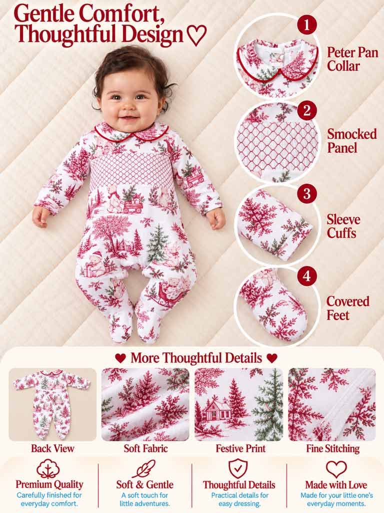 Cotton Baby Grow with Smocked Detail - Christmas Print Collection - LIMITED EDITION