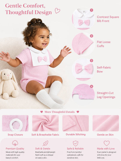 Baby Girl One-Piece Romper with Bow - Baby Pink