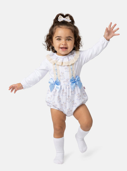 Baby Girl 2-piece Romper Set with Long Sleeves - Rocking Horse Collection - Baby Blue