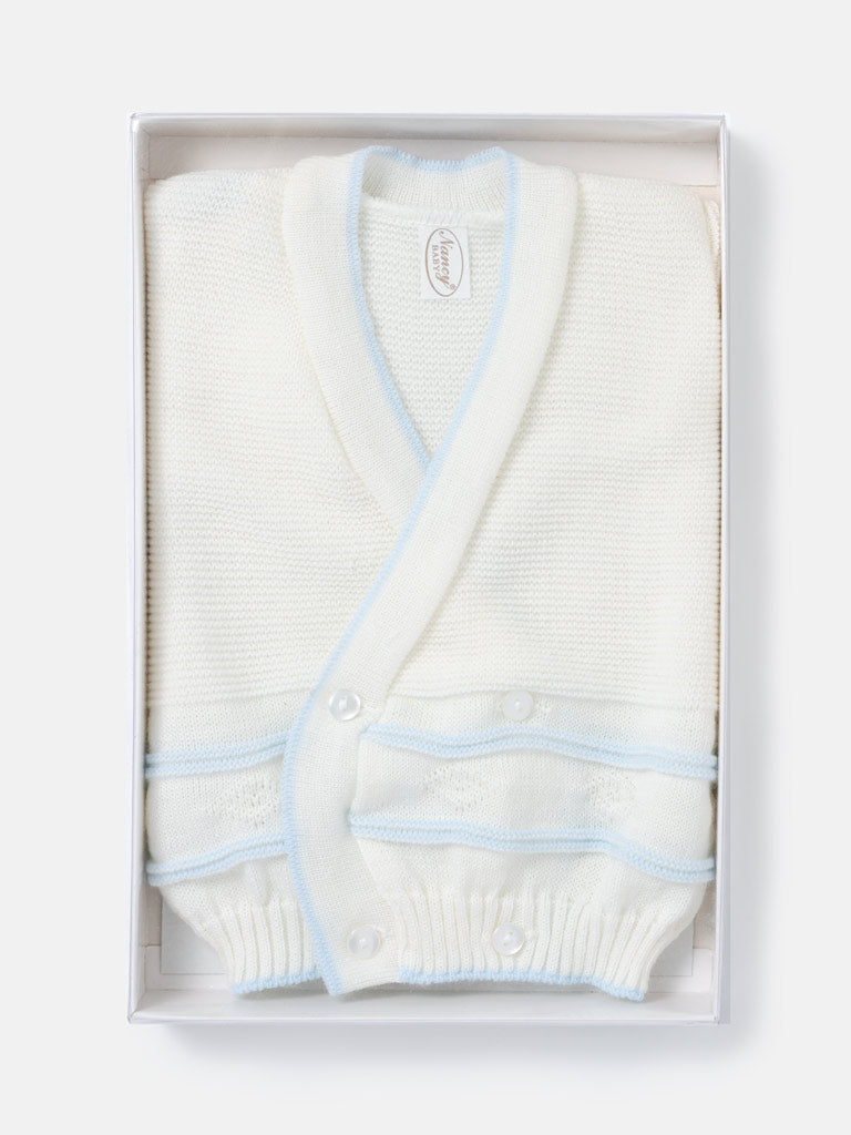 Baby Knitted Cardigan with Diamond Pattern Detail & Gift Box - Ivory & Baby Blue