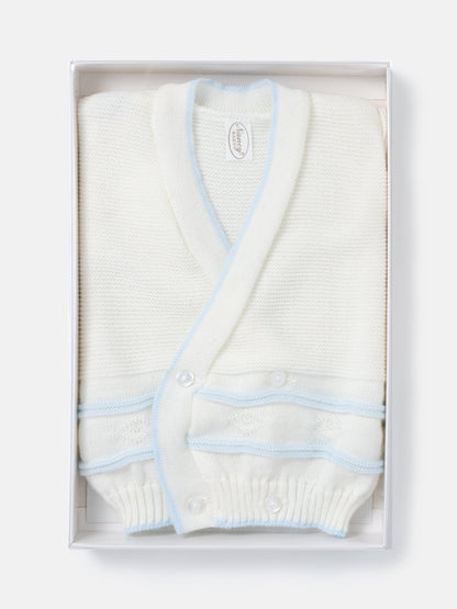 Baby Knitted Cardigan with Diamond Pattern Detail & Gift Box - Ivory & Baby Blue