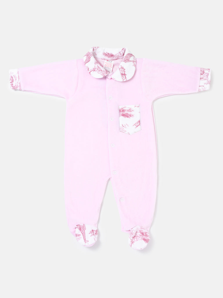 Velour Baby Grow with Printed Pocket - Safari Collection - Baby Pink