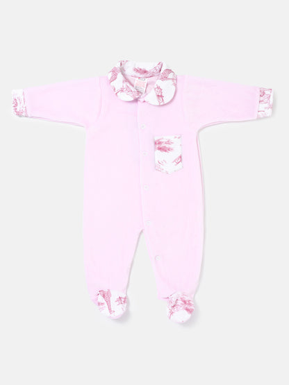 Velour Baby Grow with Printed Pocket - Safari Collection - Baby Pink