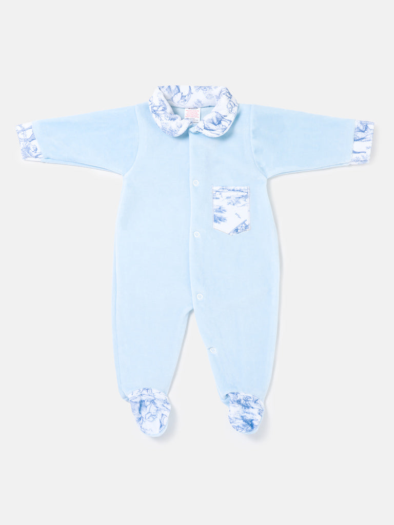Velour Baby Grow with Printed Pocket - Safari Collection - Baby Blue