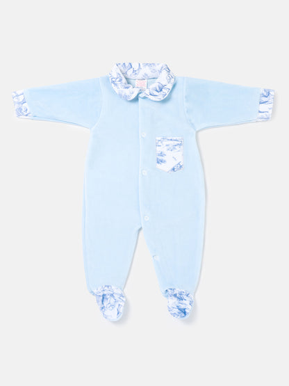 Velour Baby Grow with Printed Pocket - Safari Collection - Baby Blue
