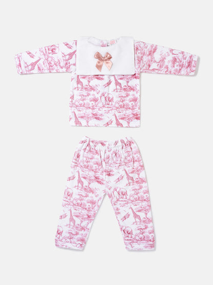 Baby Velour 2-Piece Pyjama Set with Attached Bib and Bow - Safari Collection - Baby Pink