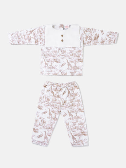 Baby Velour 2-Piece Pyjama Set with Attached Bib and Buttons - Safari Collection - Beige
