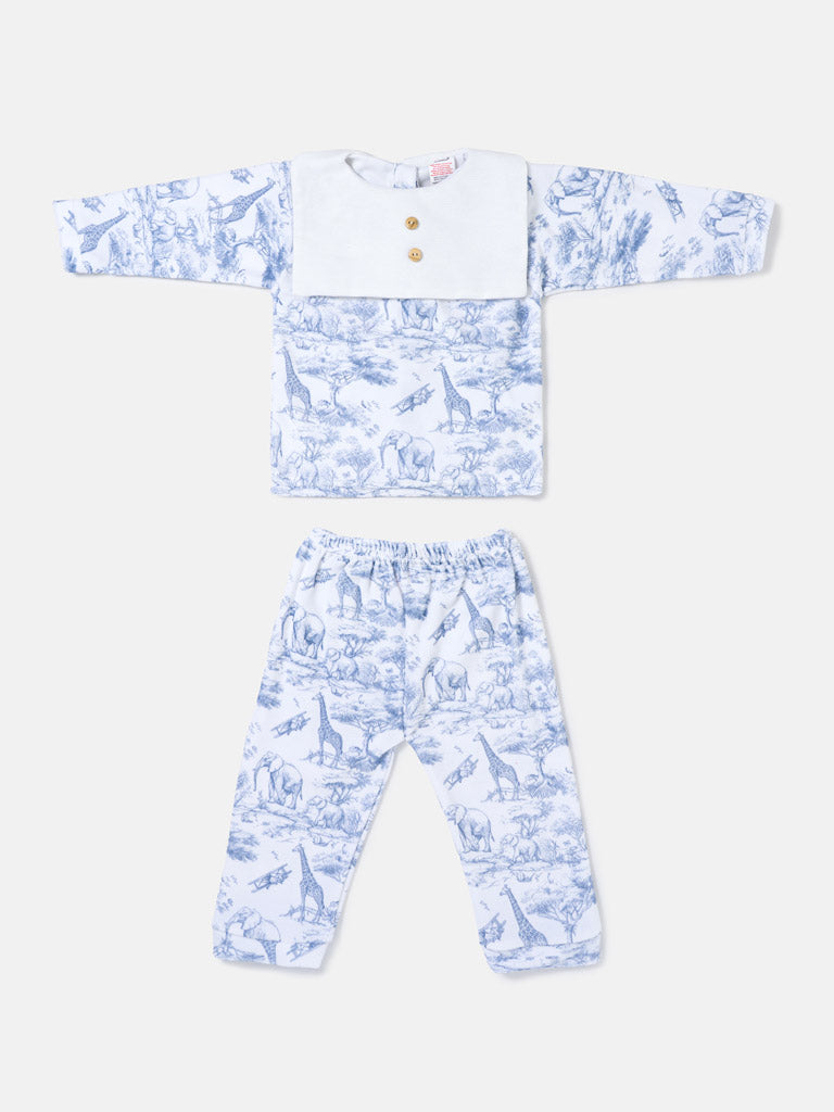 Baby Velour 2-Piece Pyjama Set with Attached Bib and Buttons - Safari Collection - Baby Blue