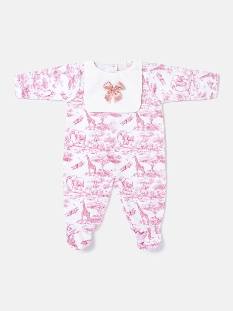 Velour Baby Grow with Attached Small Bib & Bow - Safari Collection - Baby Pink