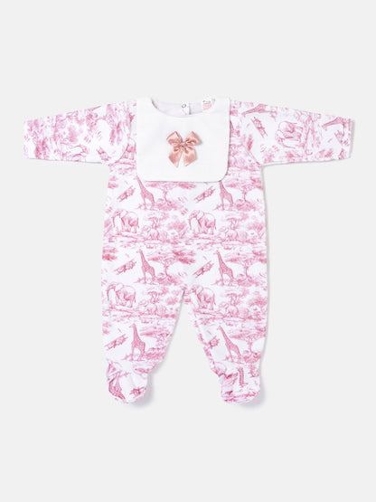 Velour Baby Grow with Attached Small Bib & Bow - Safari Collection - Baby Pink