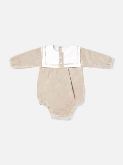 Baby Boy Valentin Collection Velour Romper with Sailor Collar - Beige