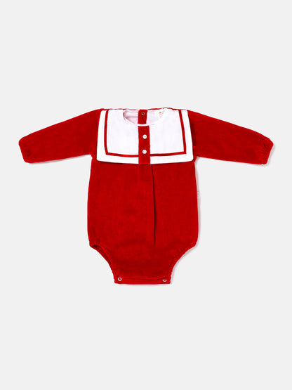 Baby Boy Valentin Collection Velour Romper with Sailor Collar - Red