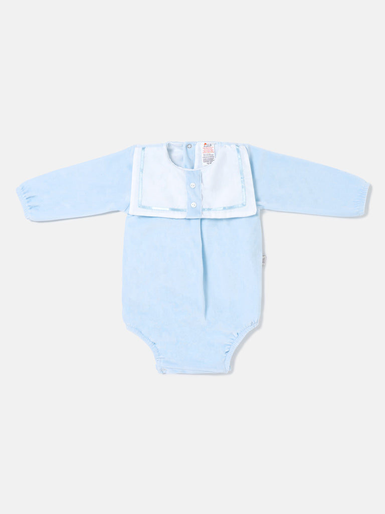 Baby Boy Valentin Collection Velour Romper with Sailor Collar - Baby Blue