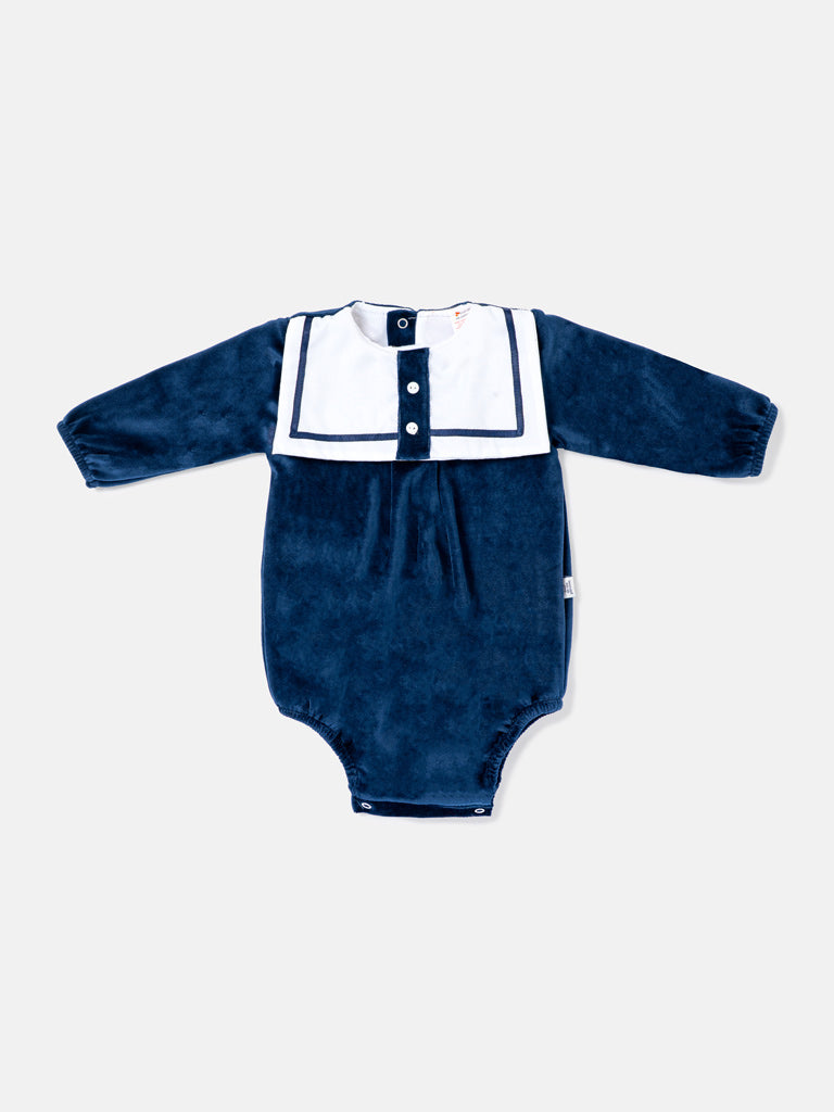 Baby Boy Valentin Collection Velour Romper with Sailor Collar - Navy Blue