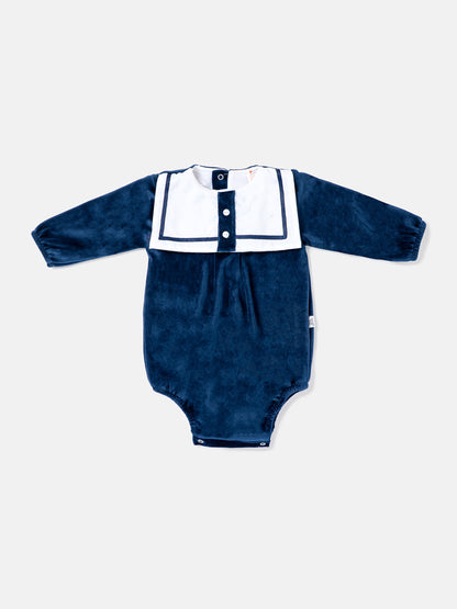 Baby Boy Valentin Collection Velour Romper with Sailor Collar - Navy Blue