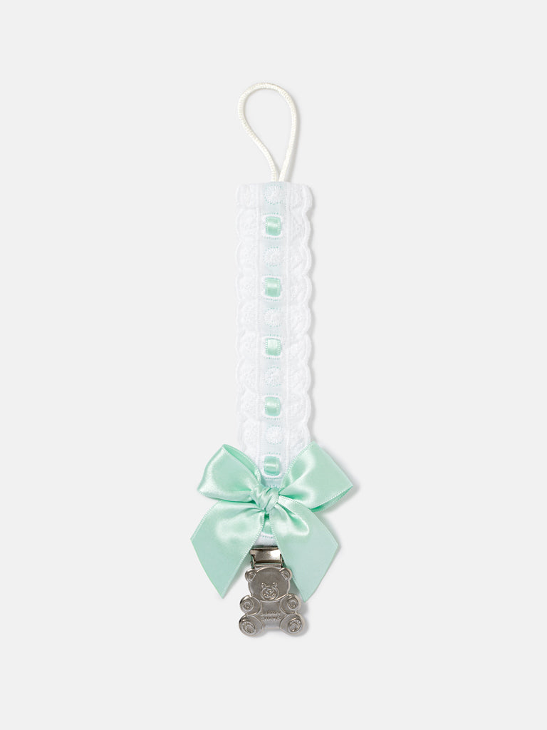 Baby Dummy Clip with Lace Detail & Satin Bow - Mint Green