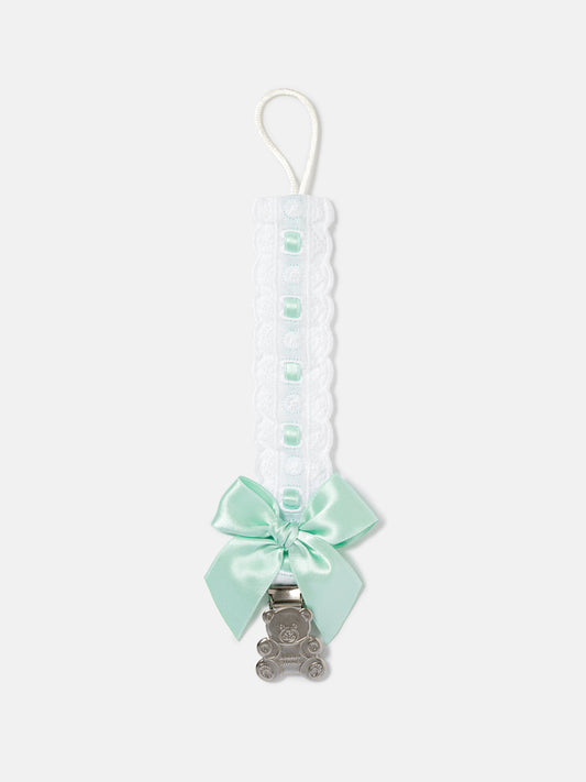 Baby Dummy Clip with Lace Detail & Satin Bow - Mint Green
