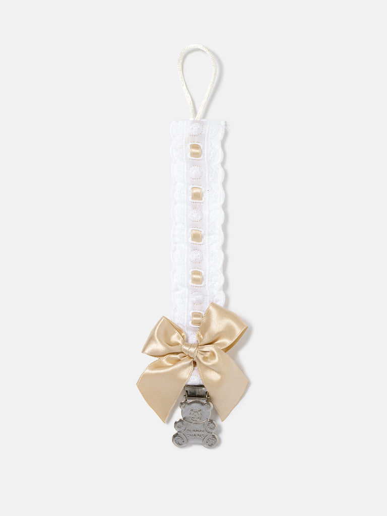 Baby Dummy Clip with Lace Detail & Satin Bow - Beige