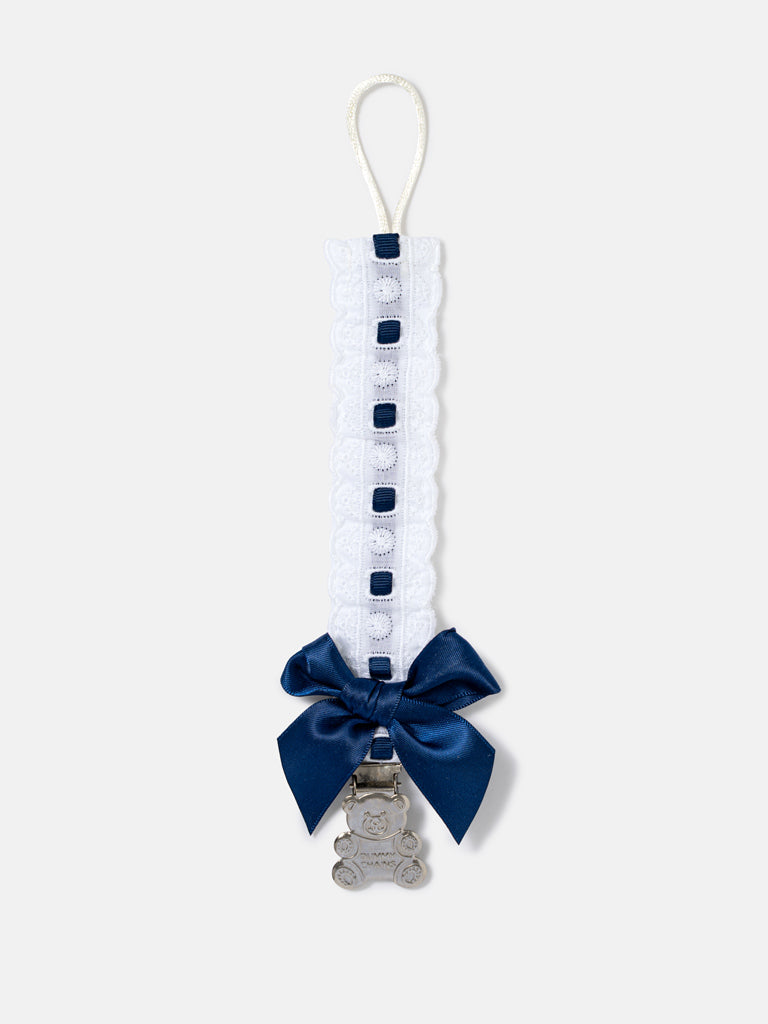 Baby Dummy Clip with Lace Detail & Satin Bow - Navy Blue