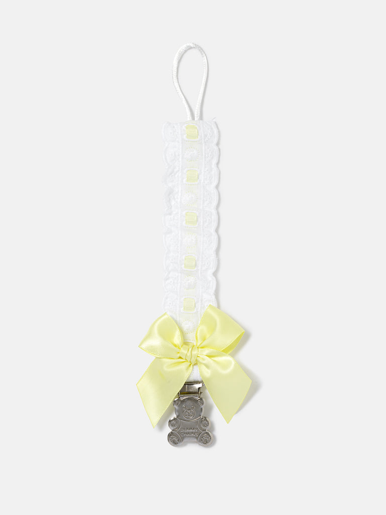 Baby Dummy Clip with Lace Detail & Satin Bow - Lemon Yellow