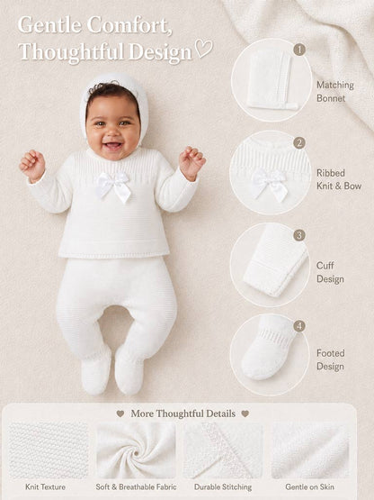 Baby Girl Spanish Style Satin Bow 3-Piece Knitted Gift Box Set - Ivory