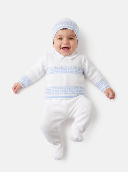 Baby Boy Classic Double-Button Knitted 3-piece Gift Box Set - White & Baby Blue