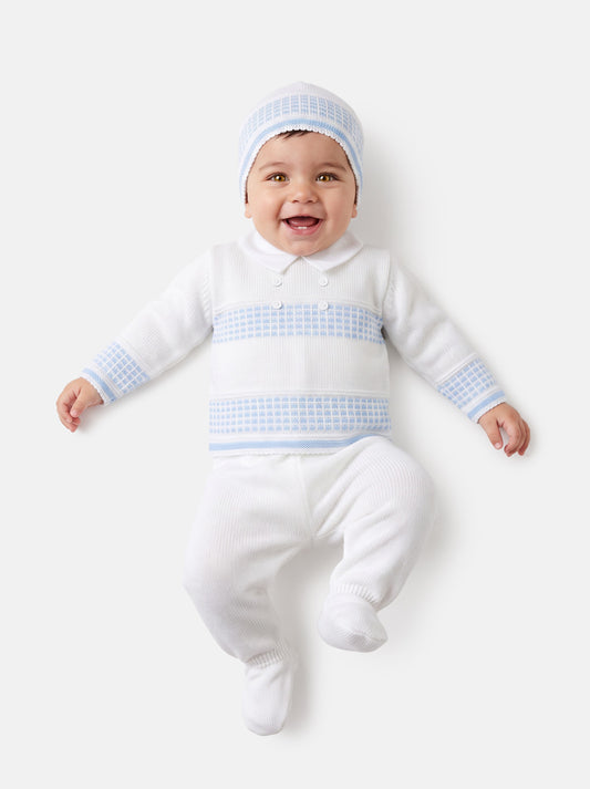 Baby Boy Classic Double-Button Knitted 3-piece Gift Box Set - White & Baby Blue